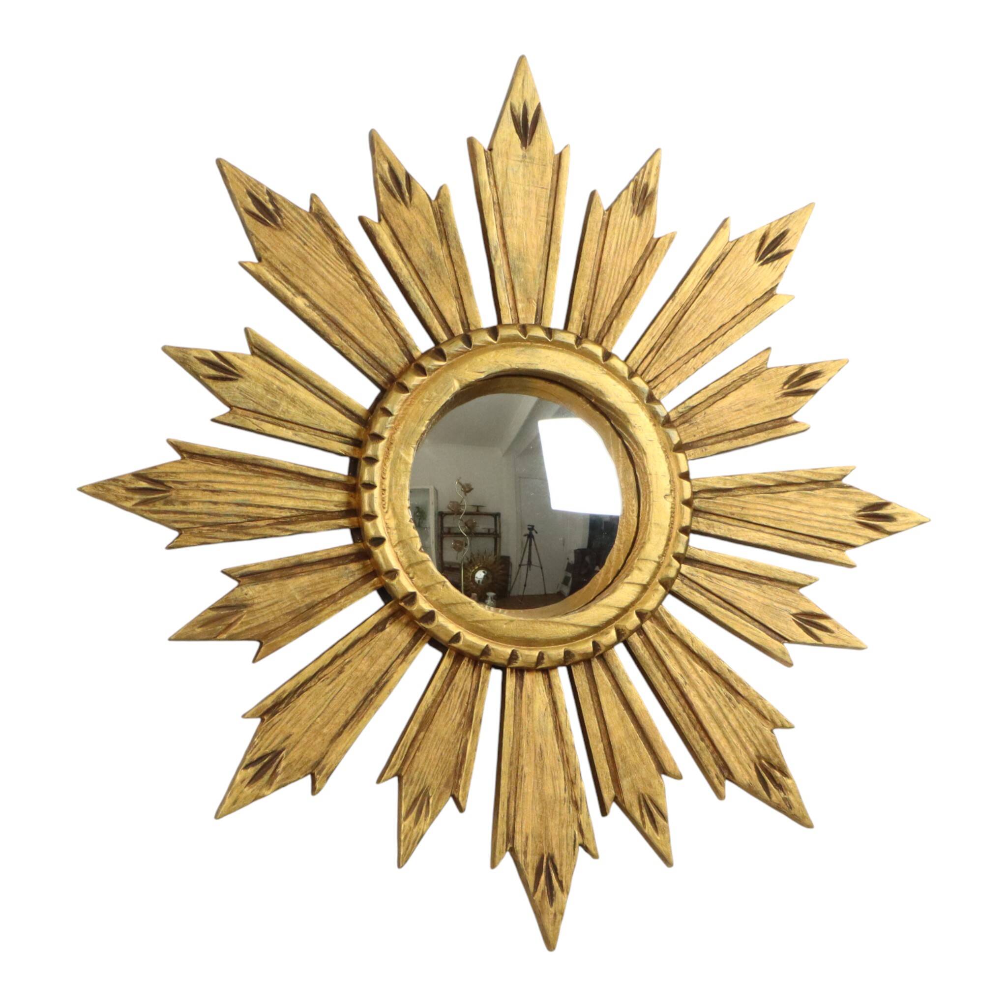 Vintage Wooden Sunburst Sun Mirror Convex France 51cm