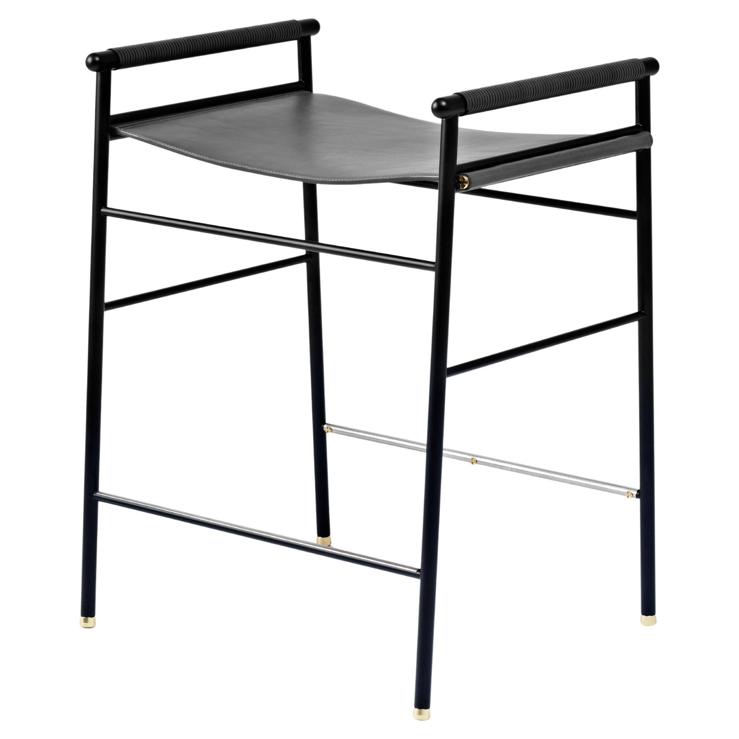 Contemporary Black Bar Stool Black Leather Rubber Metal