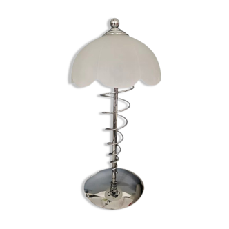 Chrome table lamp with satin crystal shade