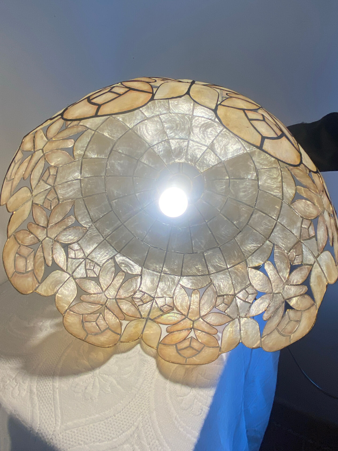 Large mother-of-pearl and brass chandelier with floral decoration.