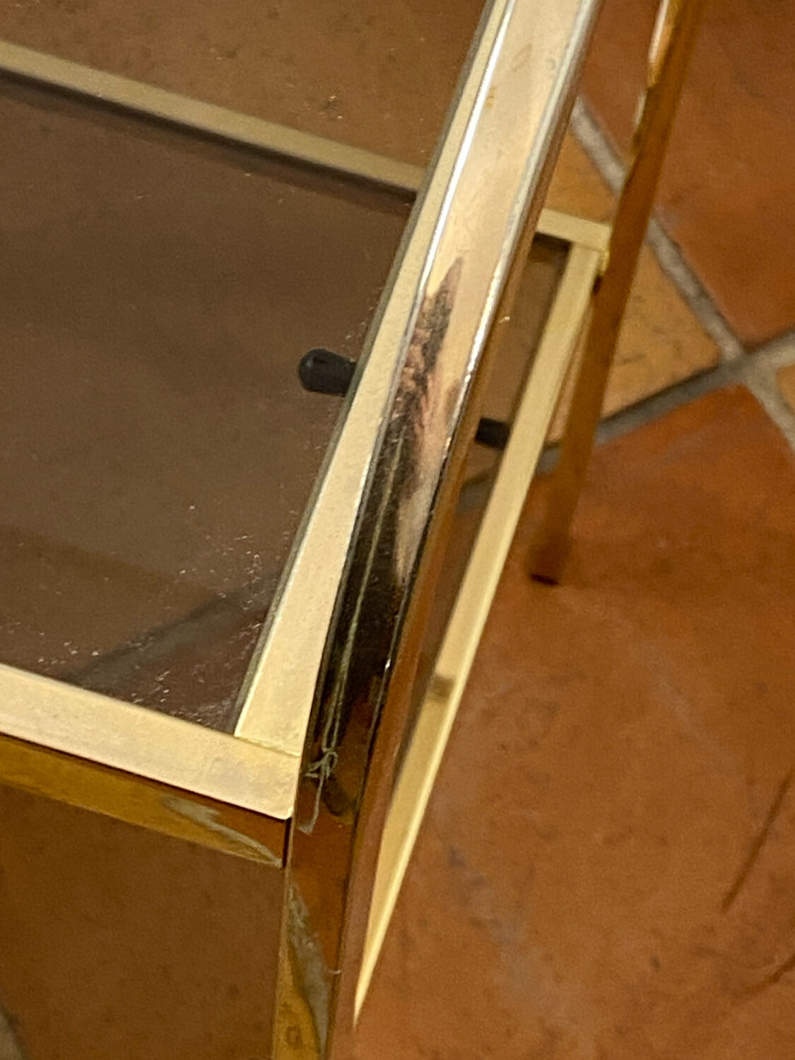 Gold metal and smoked glass console table.