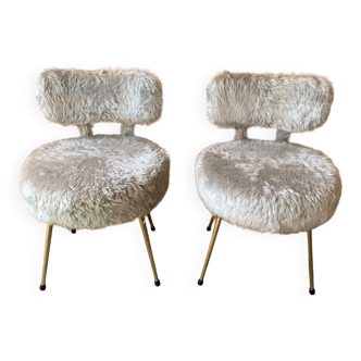 Pair of 70s moumoute armchairs in sky blue fabric and brass compass legs