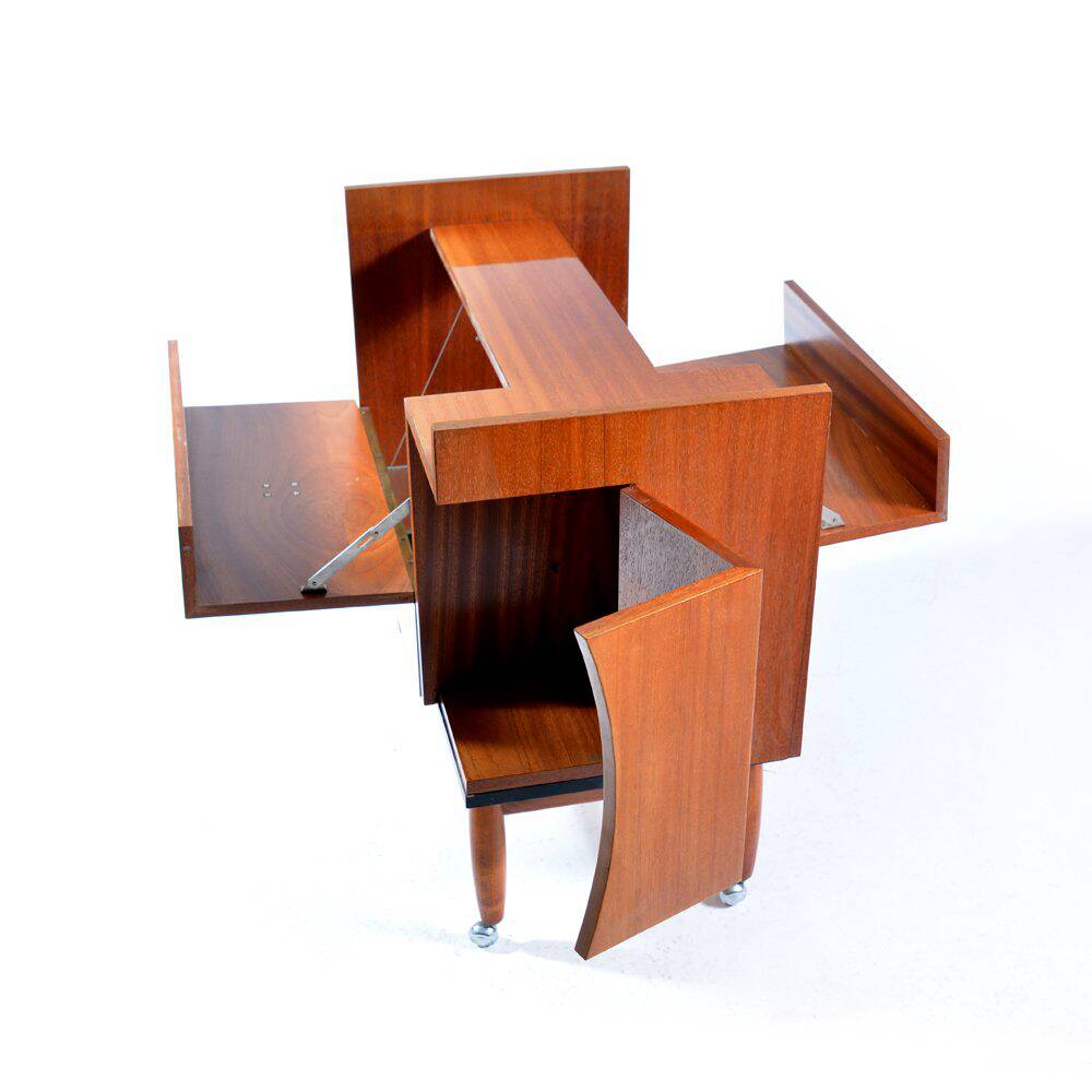 Bar Sideboard On Wheels In Mahagony & Brass, Czechoslovakia 1970