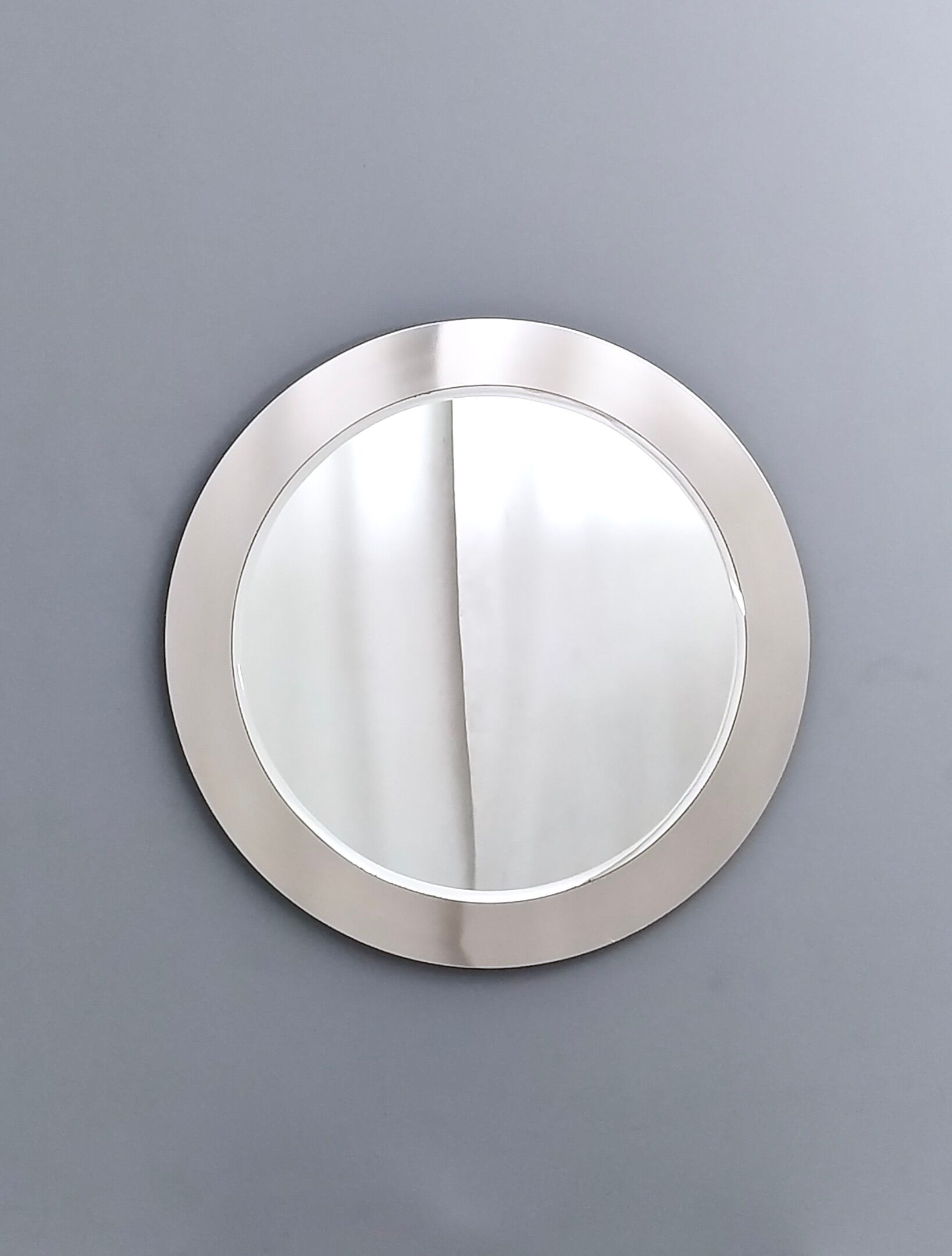 Postmodern round wall mirror with mirrored steel frame, italy