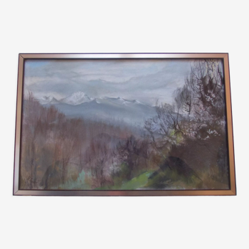 Tableau fusain & aquarelle "pic de maubermé ariege", henriette fourot 1980, montagne pastel, cadre