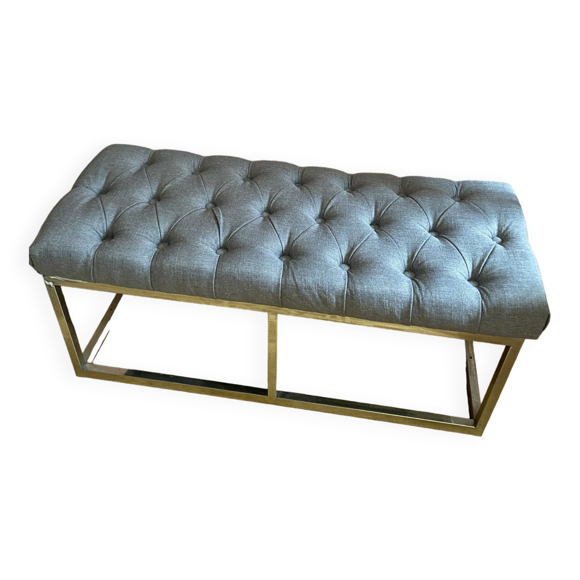 Pair of benches in chrome metal and padded gray fabric