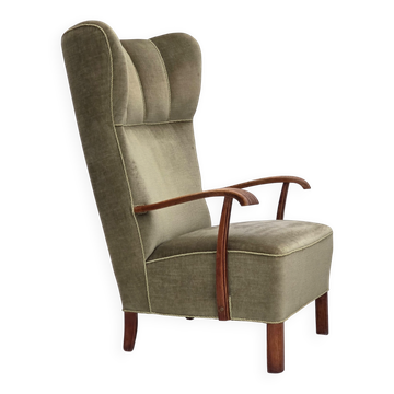 Fauteuil à dossier haut danois des années 1960, velours de mobilier, bois de chêne.