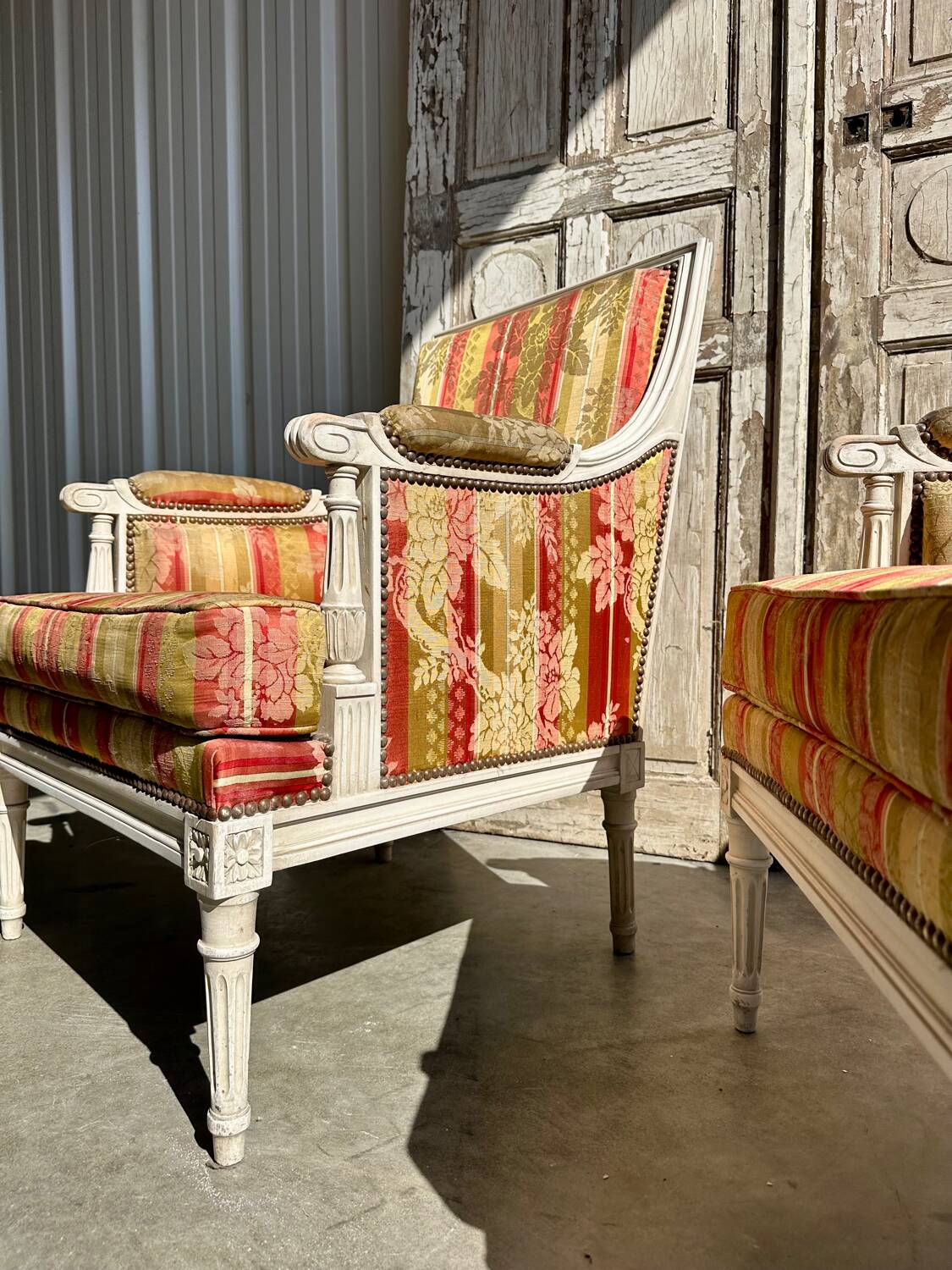 Pair of Louis XVI lacquered bergere chairs circa 1950