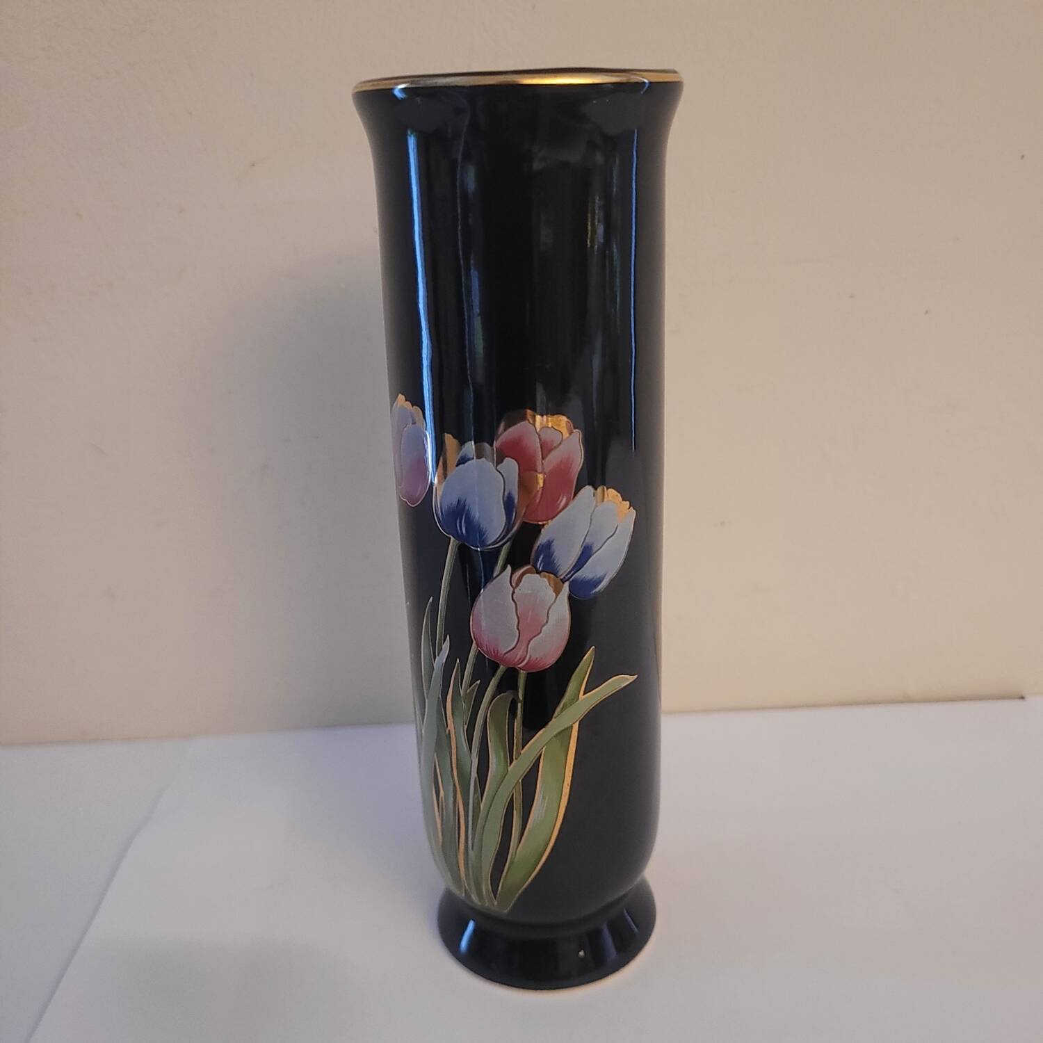 Black ceramic soliflore decorated with tulips - 1960s-1970s