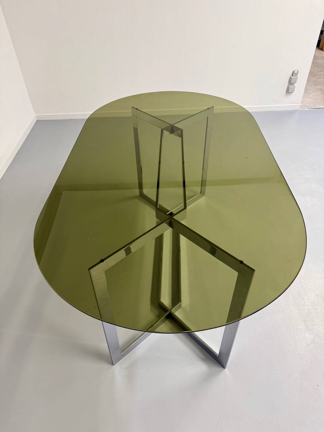 Vintage chrome and smoked glass table, 70s design, Paul Legeard DOM