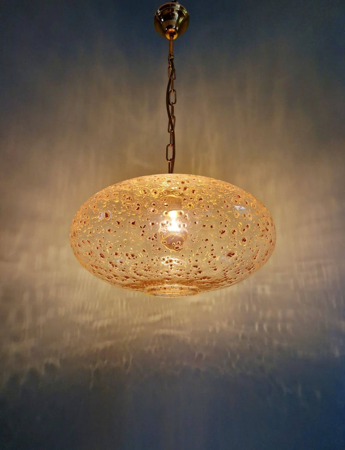 Large vintage glass pendant light, with gold inclusions, 1970.