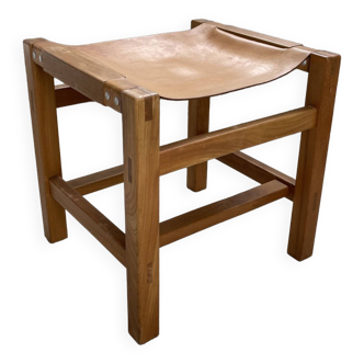 Tabouret orme massif et cuir Maison Regain