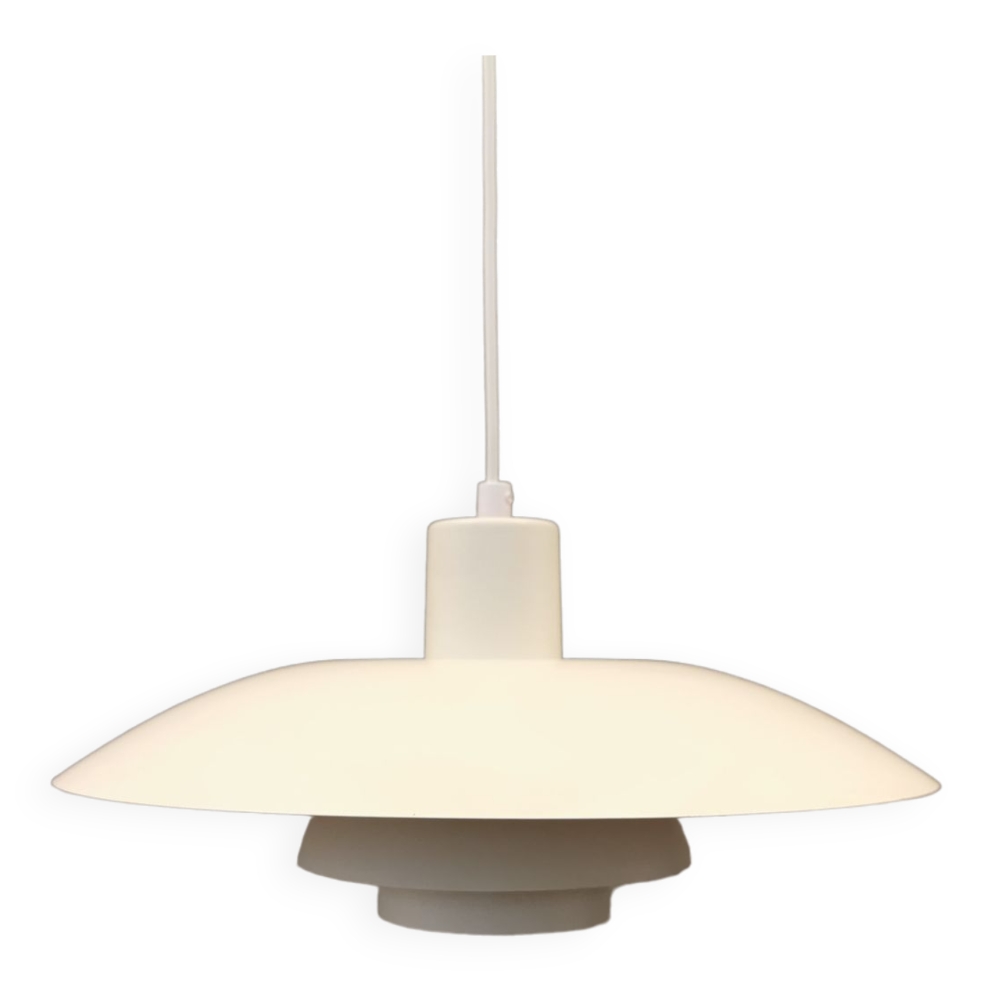 Older ph 4/3 hanging lamp, in white, with original orange suspension disk.