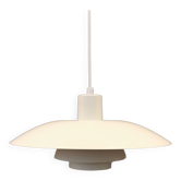 Ancienne lampe suspendue ph 4/3, en blanc, avec disque de suspension orange d’origine.