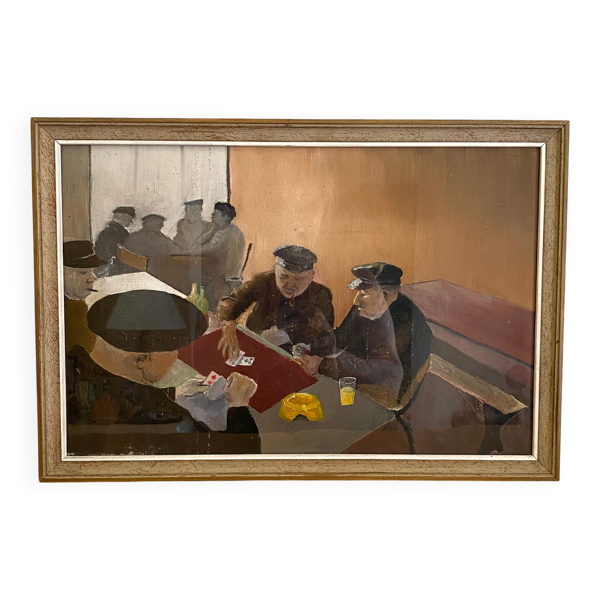 Huile sur toile sous verre, «&nbsp;les joueurs&nbsp;» 1950