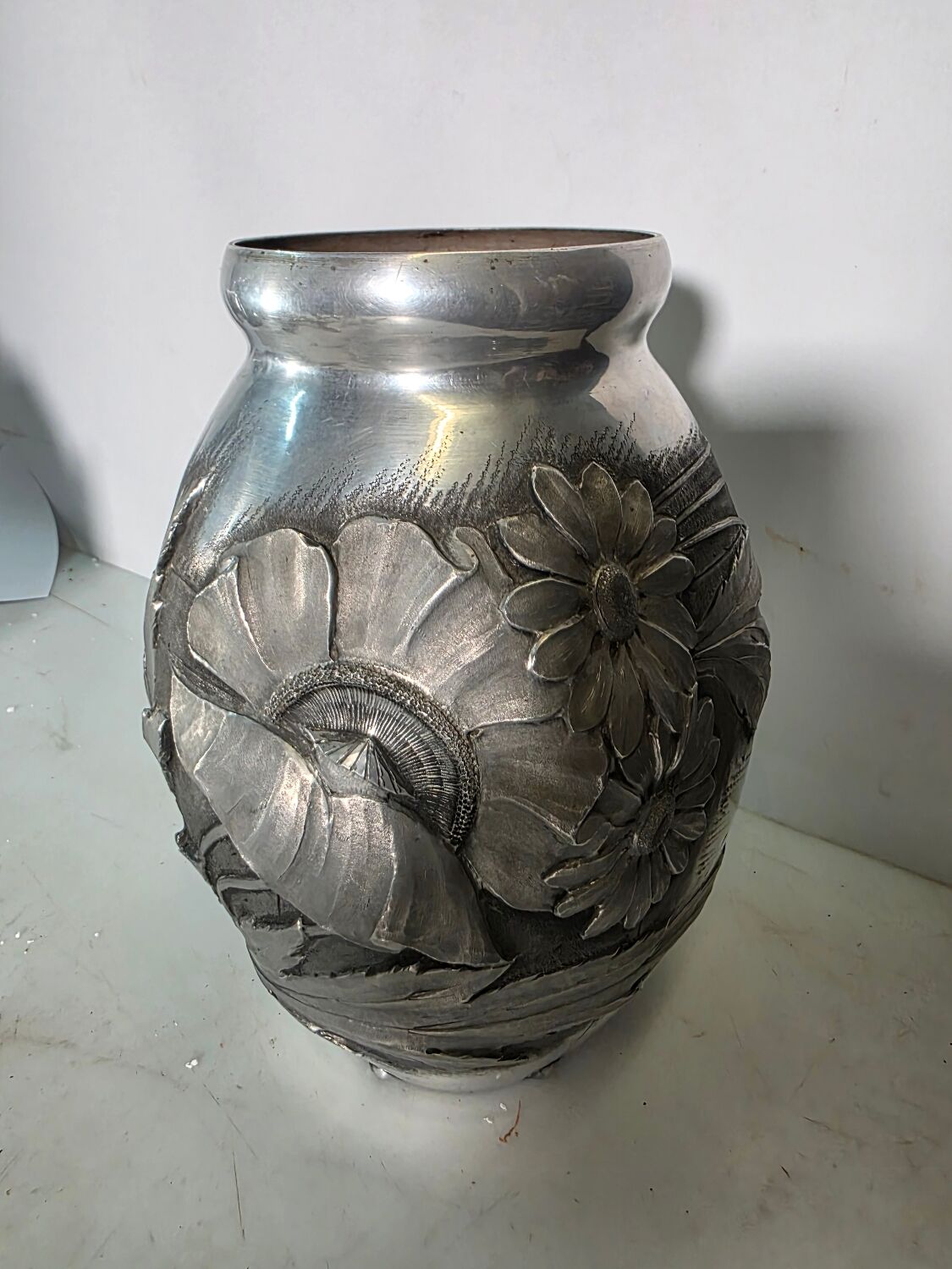 Art Deco vase in repoussé tin Signed Houzeaux Floral decoration 30 cm