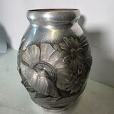 Art Deco vase in repoussé tin Signed Houzeaux Floral decoration 30 cm