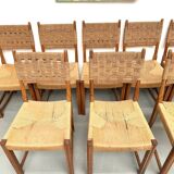 Série de dix chaises en orme massif tressées main, France circa 1965