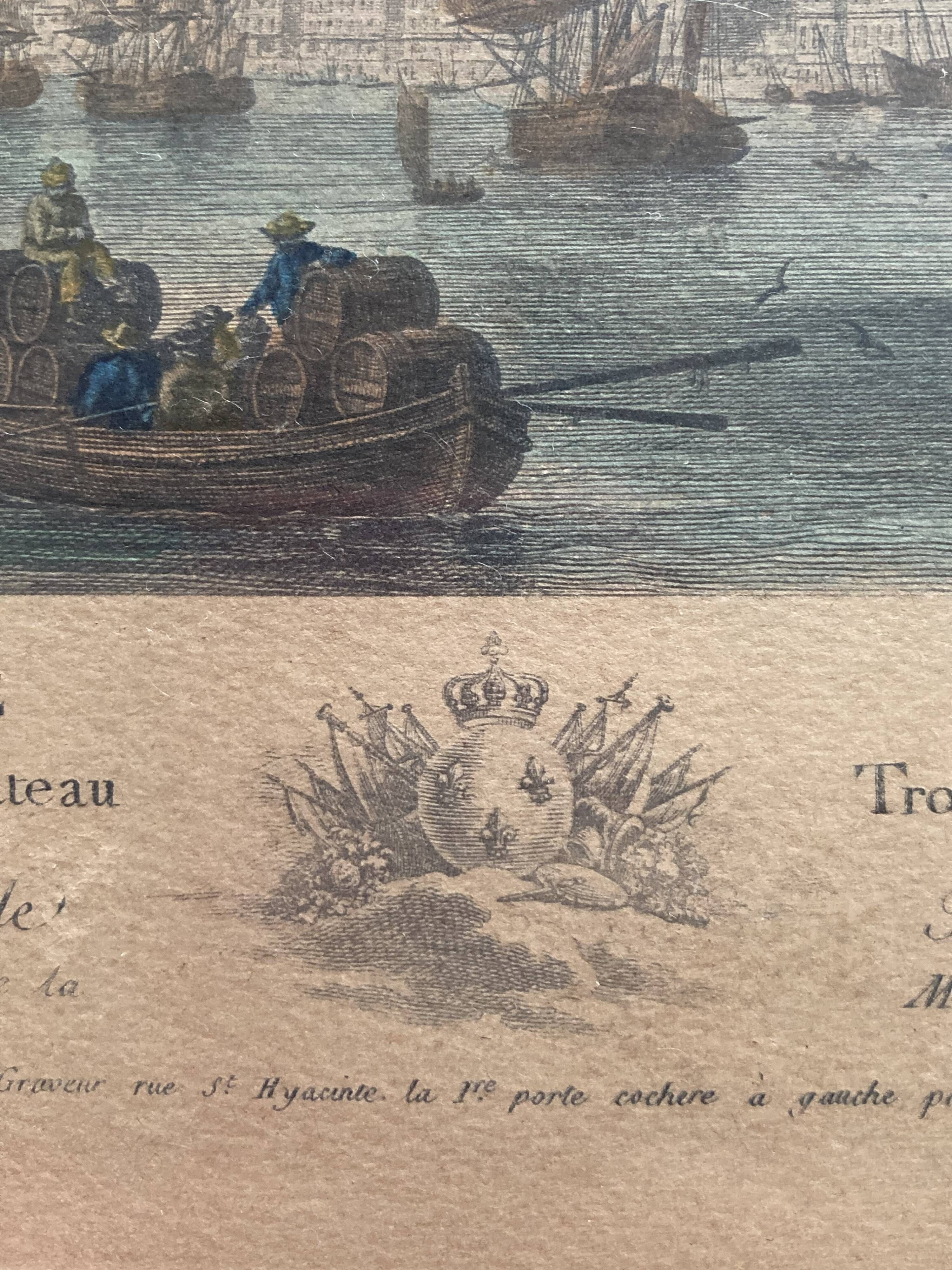 Framed antique engraving of the port of Bordeaux