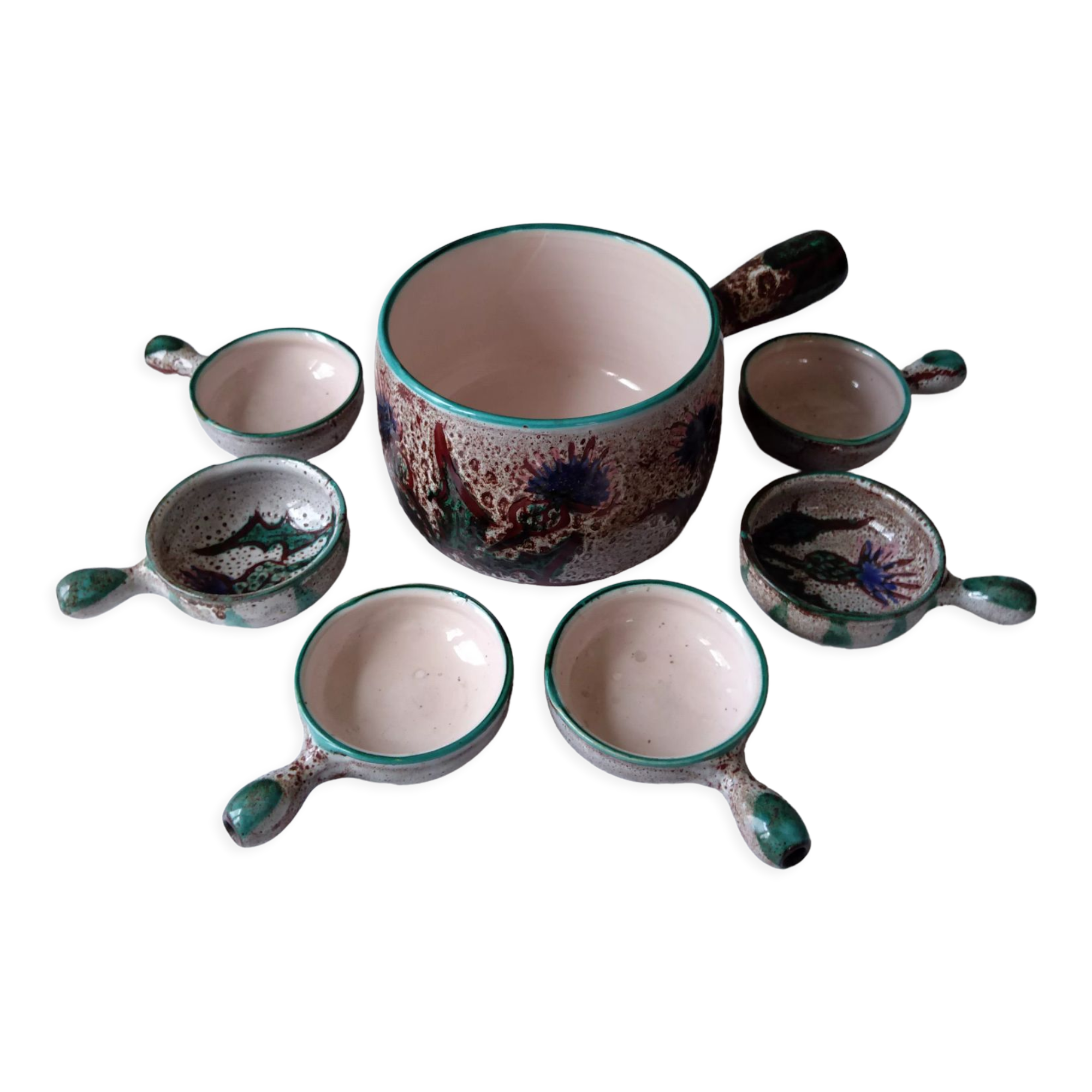 Vallauris fondue serving lot 1 large pot and 6 small pots décor thistle gray, blue, green