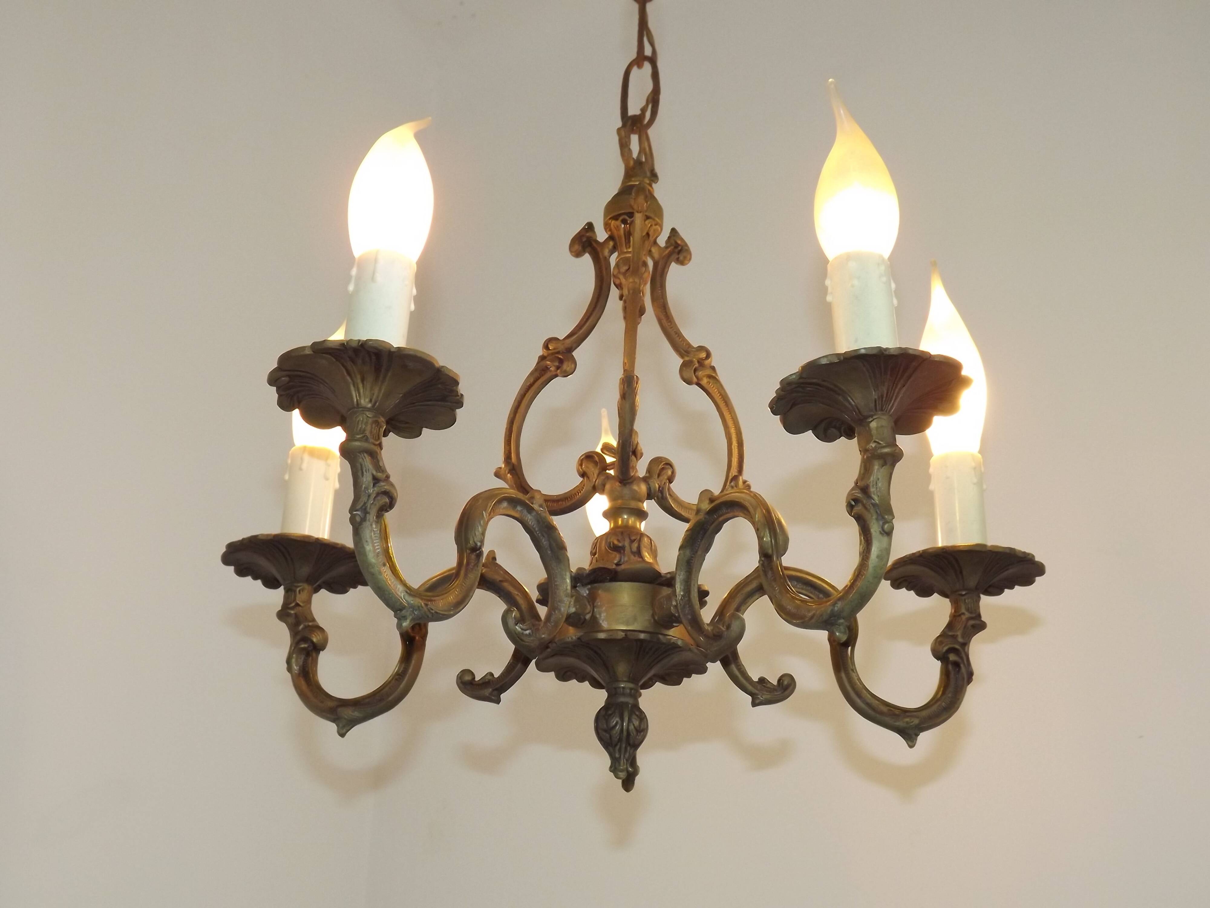 Elegant French Antique Bronze 5 Light 3 Sided Cage Style Chandelier