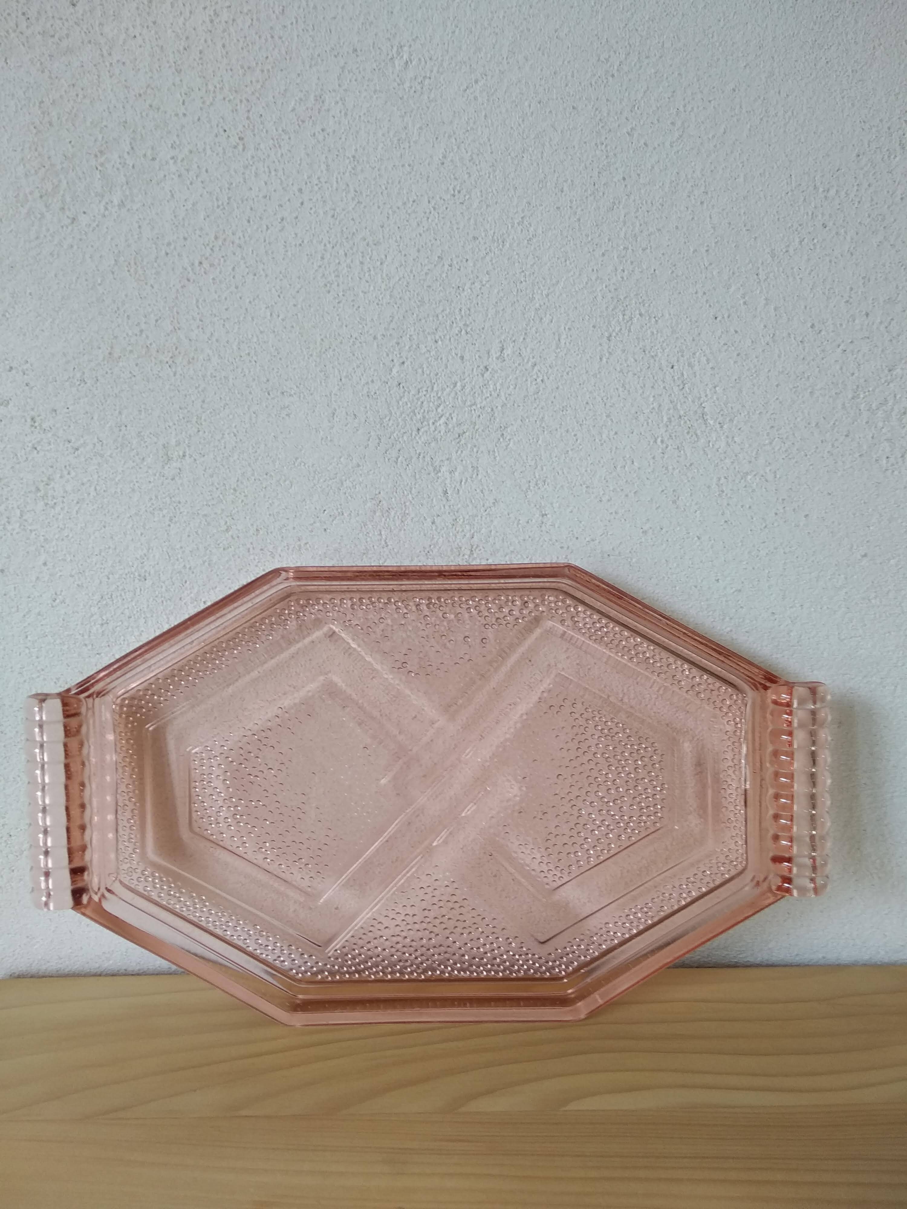 Art Deco pink pressed glass octagonal tray