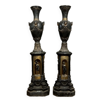 Pair of antique vases on pedestal all in bronze with double patina