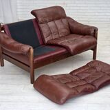 1970s, 2-seater Swedish sofa, brown leather with patina, dark beech wood.