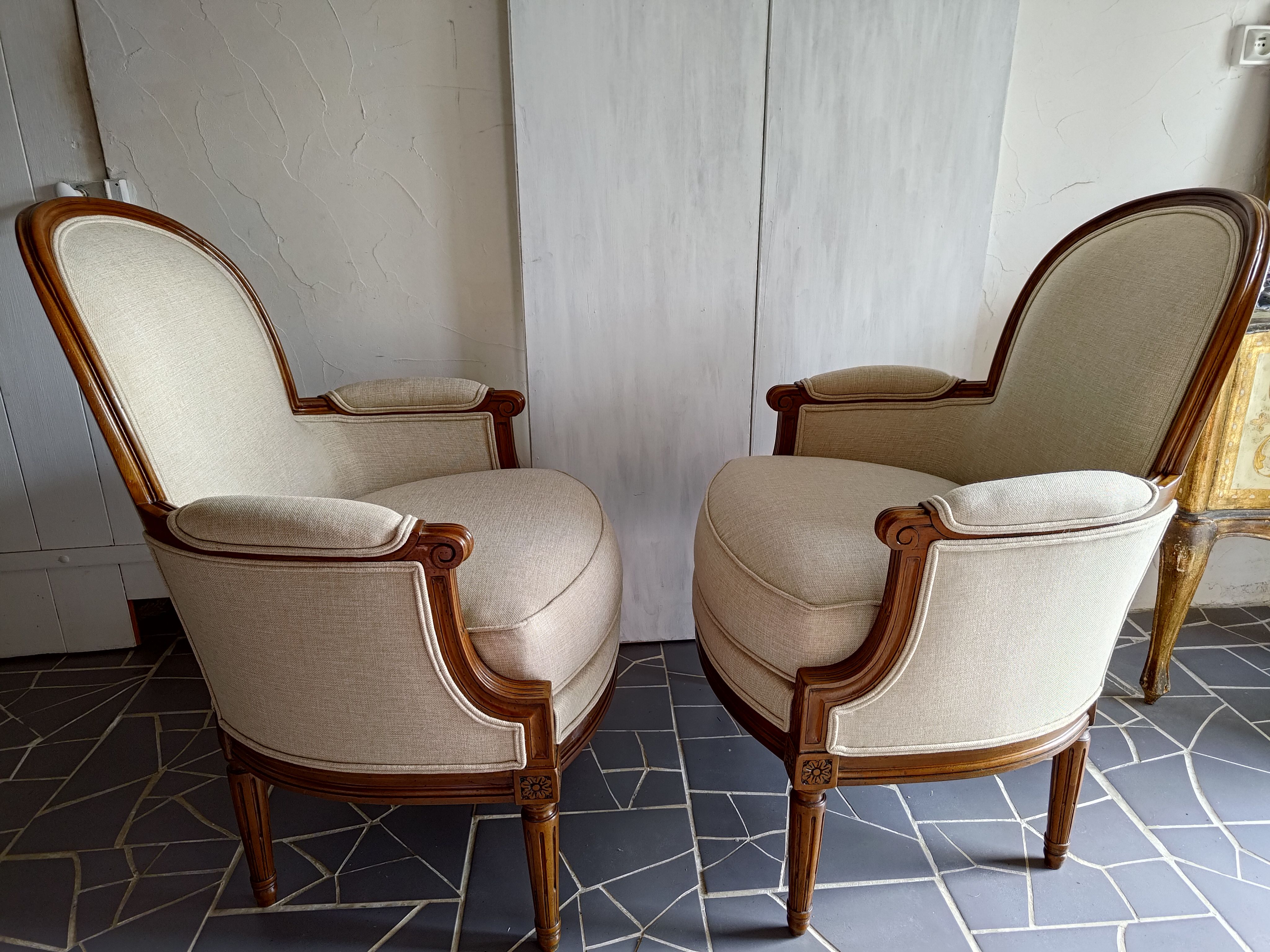 pair of Louis XVI style bergères armchairs