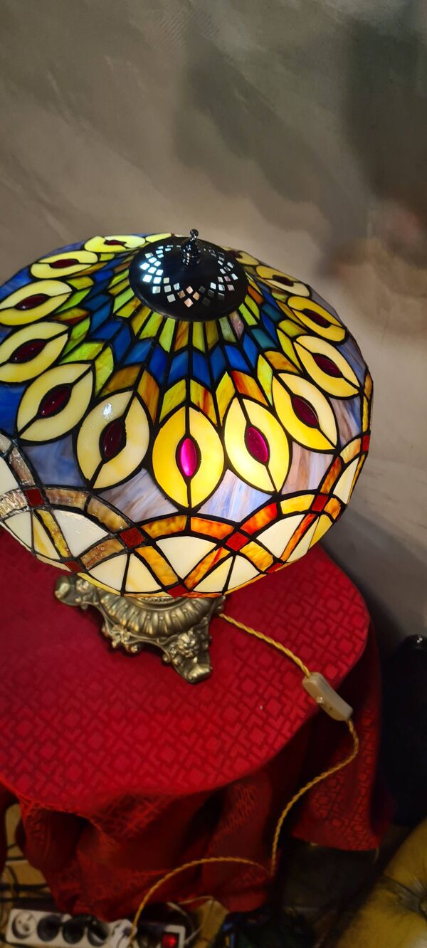 Lampe ancienne restaurer bronze massif 52x30 abat jour style tiffany
