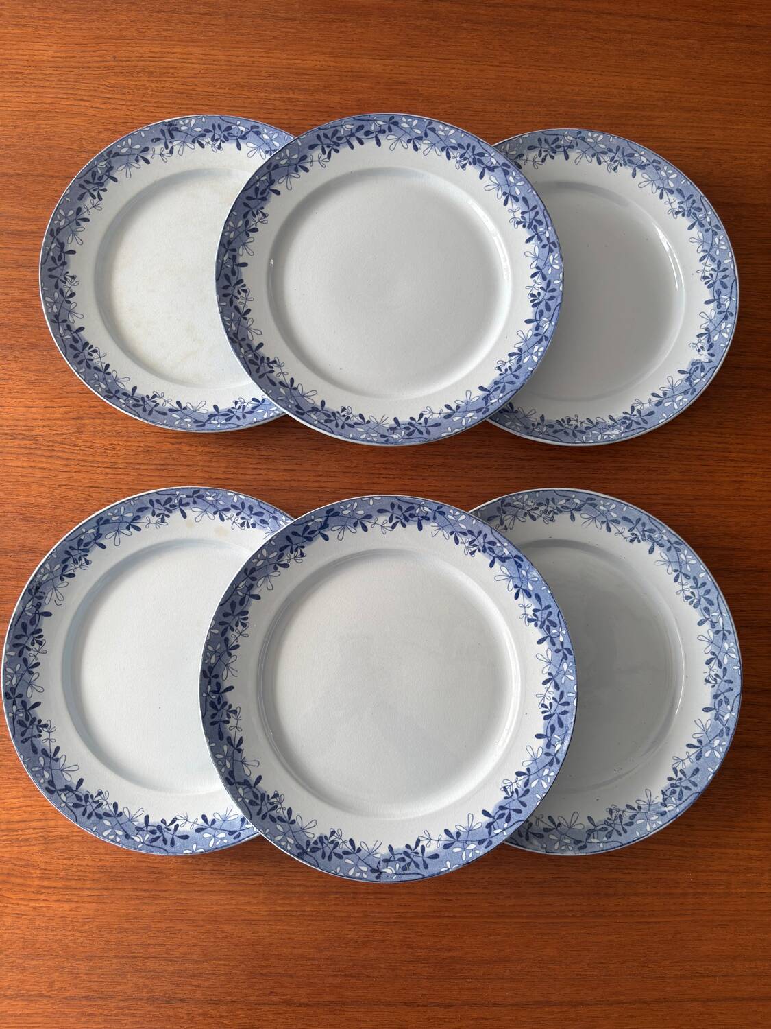 Set of 6 mimosa plates from Sarreguemines, old blue earthenware