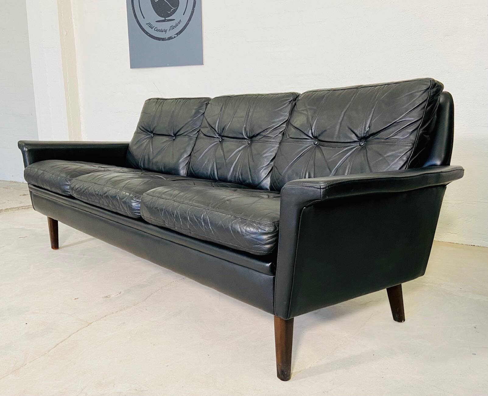 Vintage danish retro nili stoppmøbler 3 person sofa in black leather 1960s