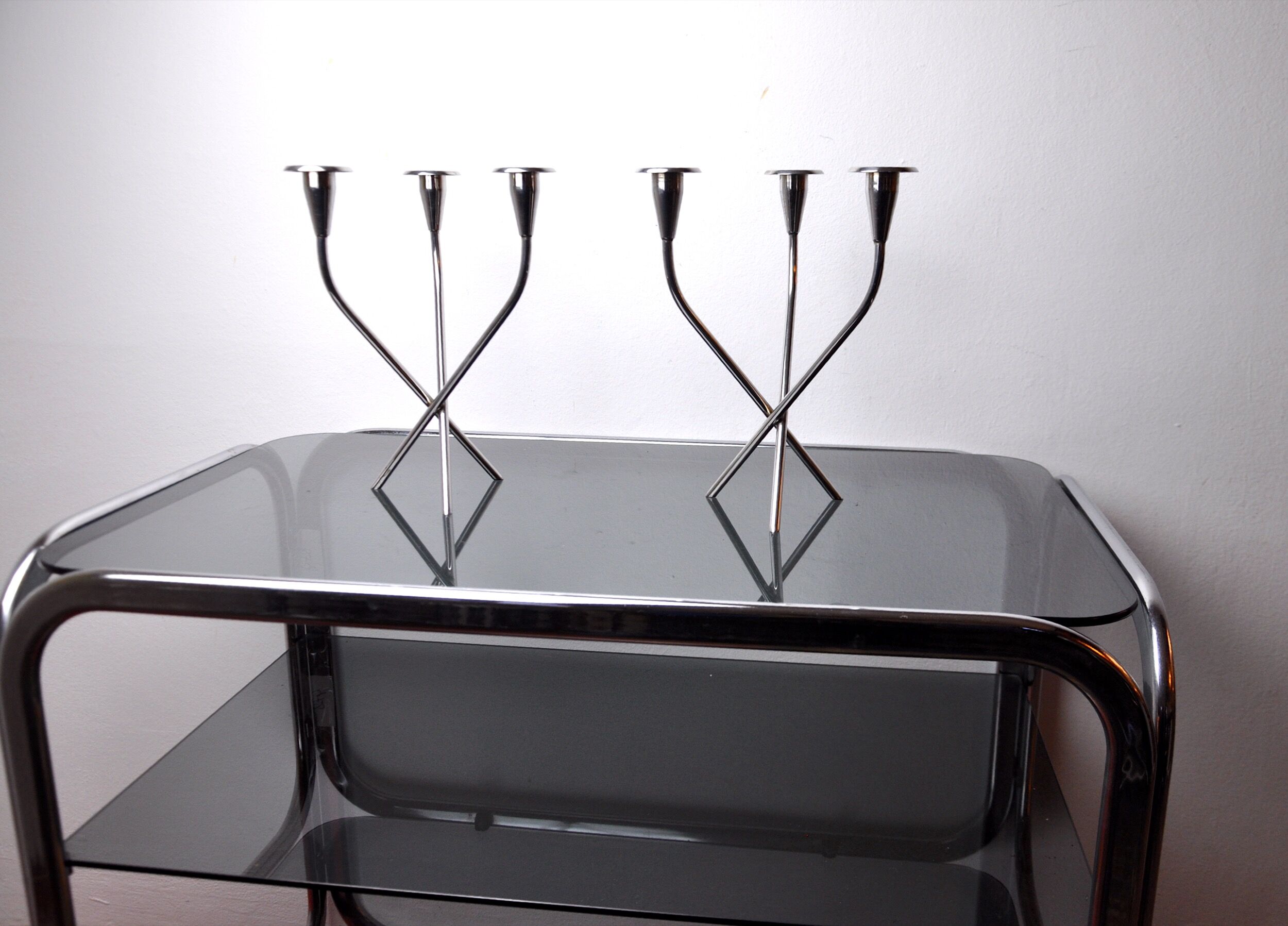 Pair of Scandinavian 3-arm candlesticks in alpaca, Sweden, 1970