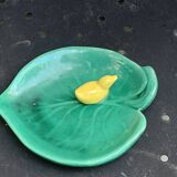 Empty pocket, duck soap dish on green barbotine leaf vintage