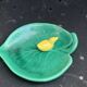Empty pocket, duck soap dish on green barbotine leaf vintage