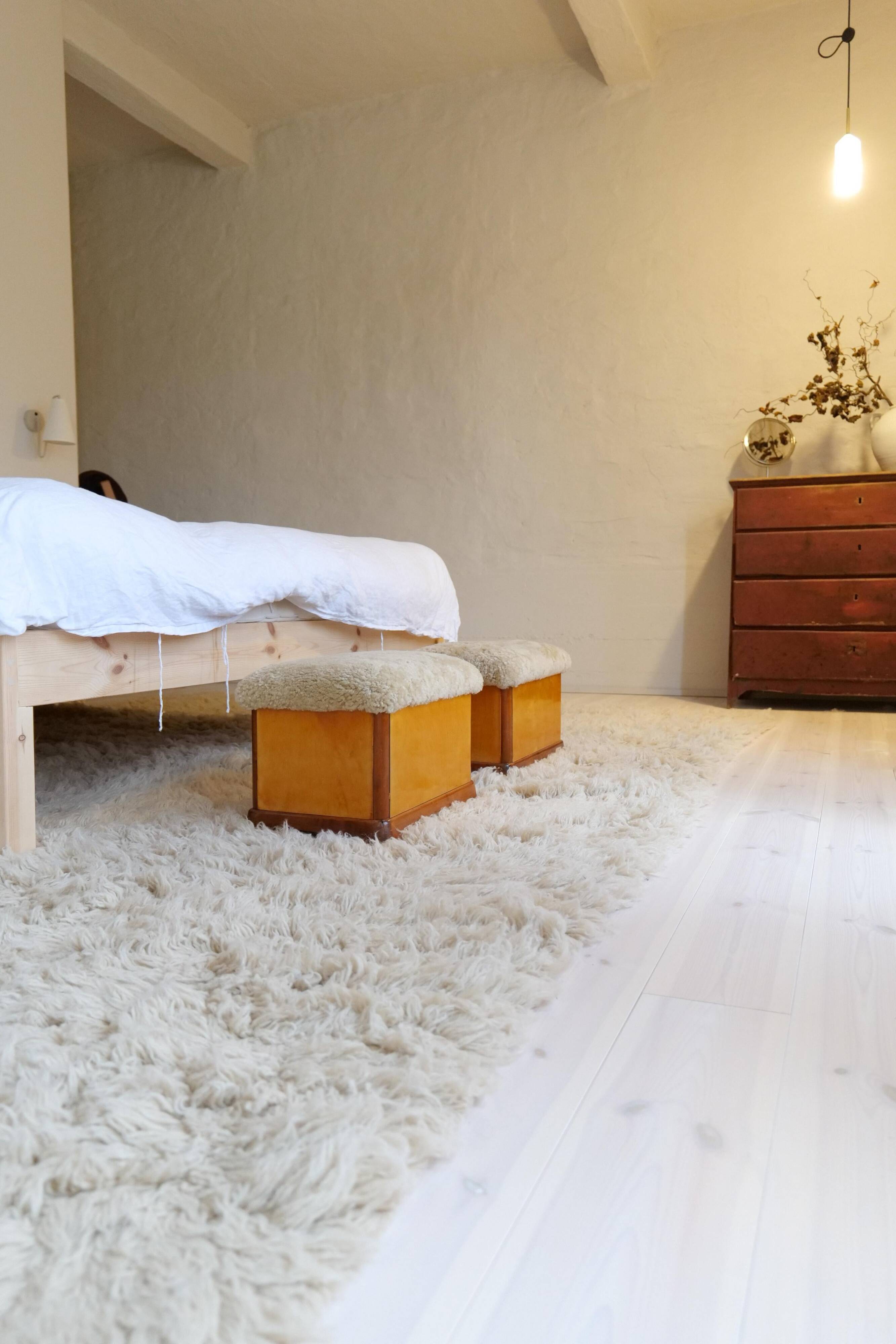 Swedish Art Deco Stools in Lacquered Birch with Sheepskin Seat, 1940s