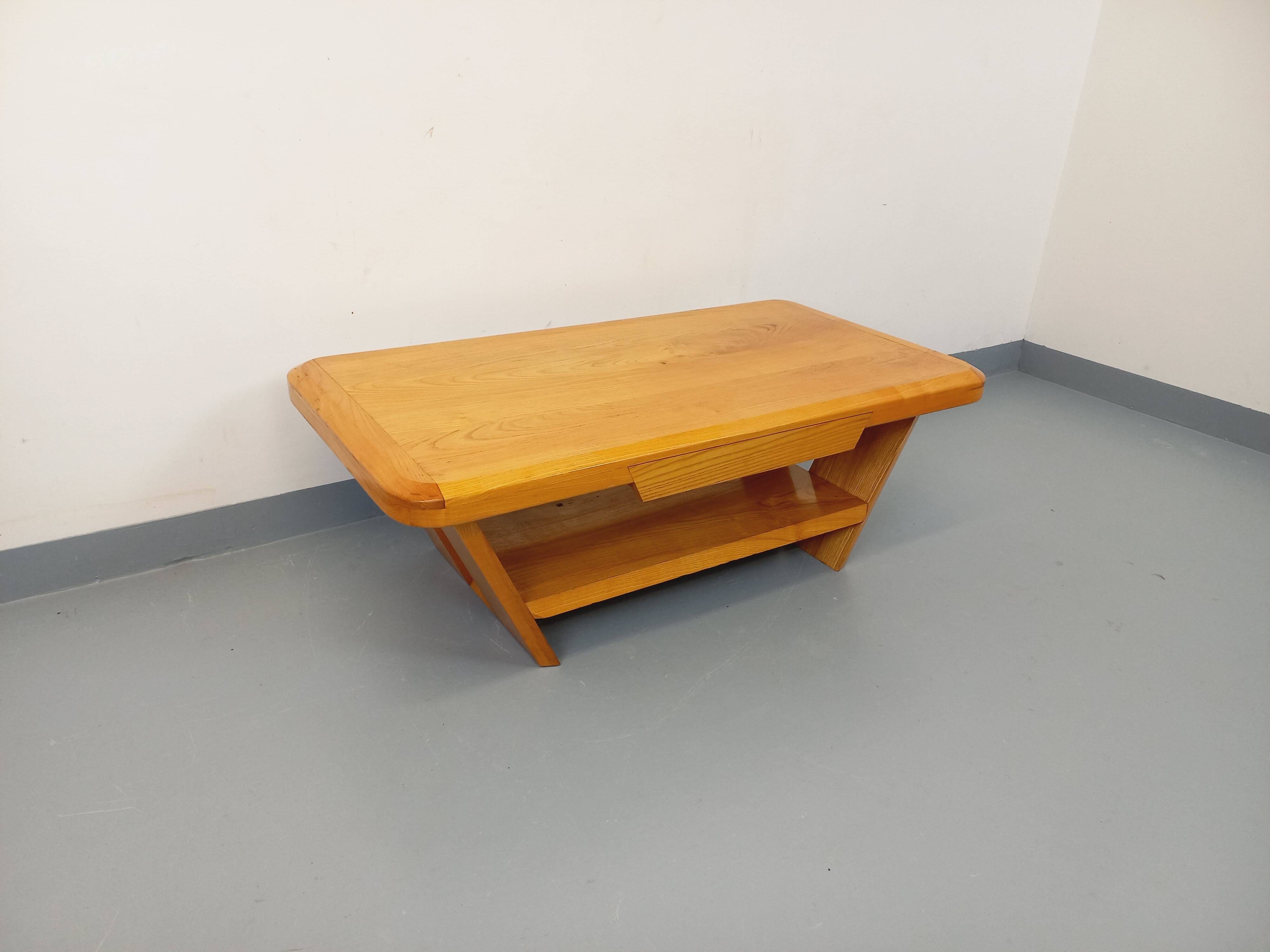 Vintage rectangular brutalist coffee table in solid elm.