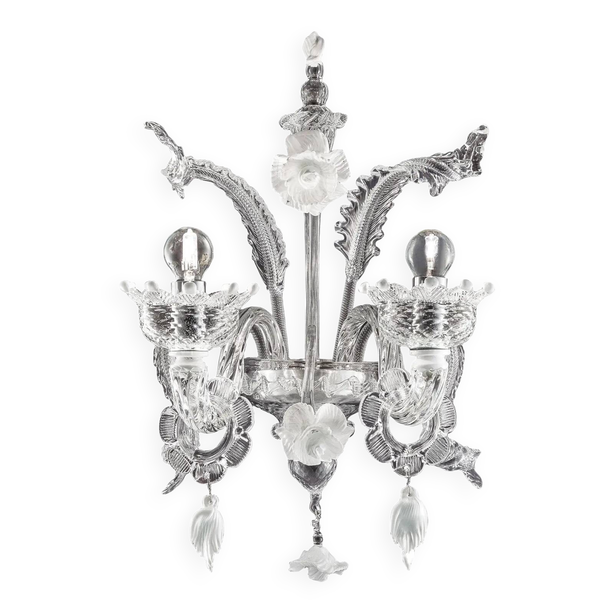 Venetian White and Transparent Floral Murano Glass Wall Sconce