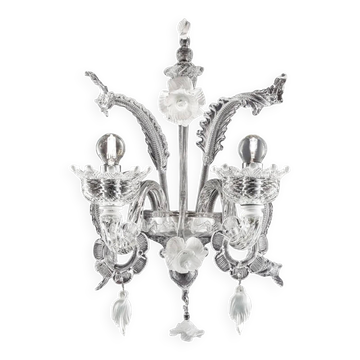 Venetian White and Transparent Floral Murano Glass Wall Sconce