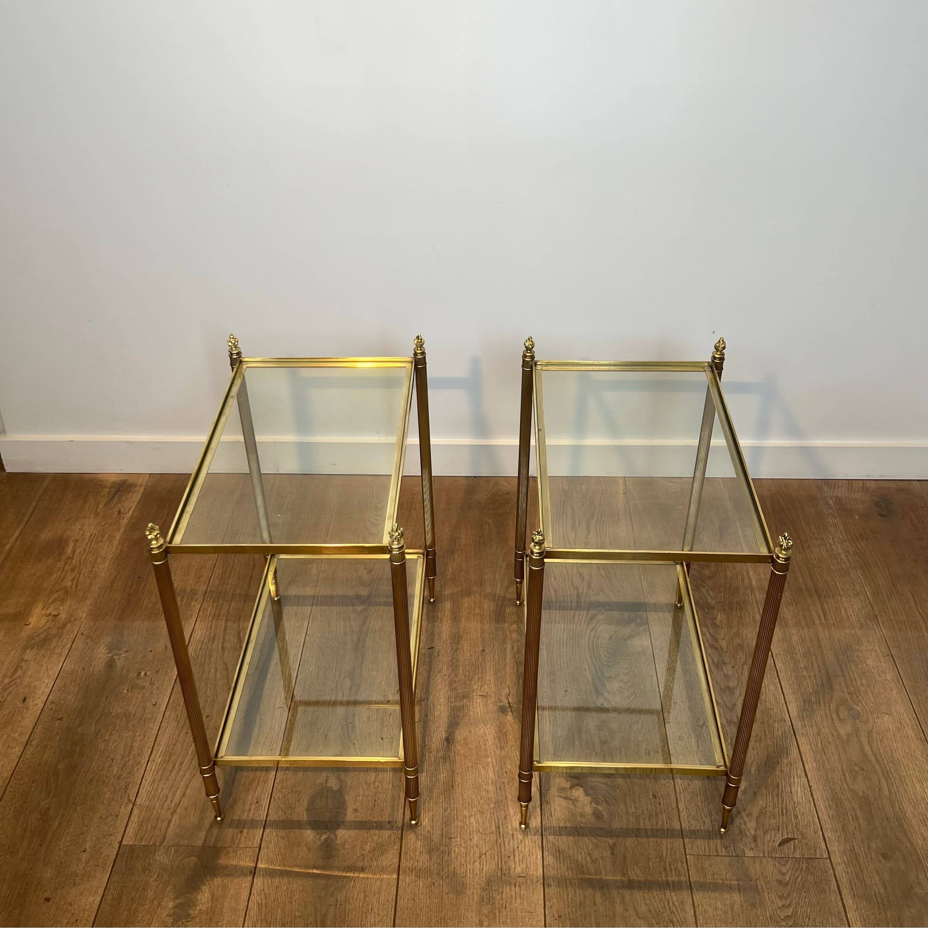 Pair of Side Tables with Two Brass and Glass Tops. Made in France.