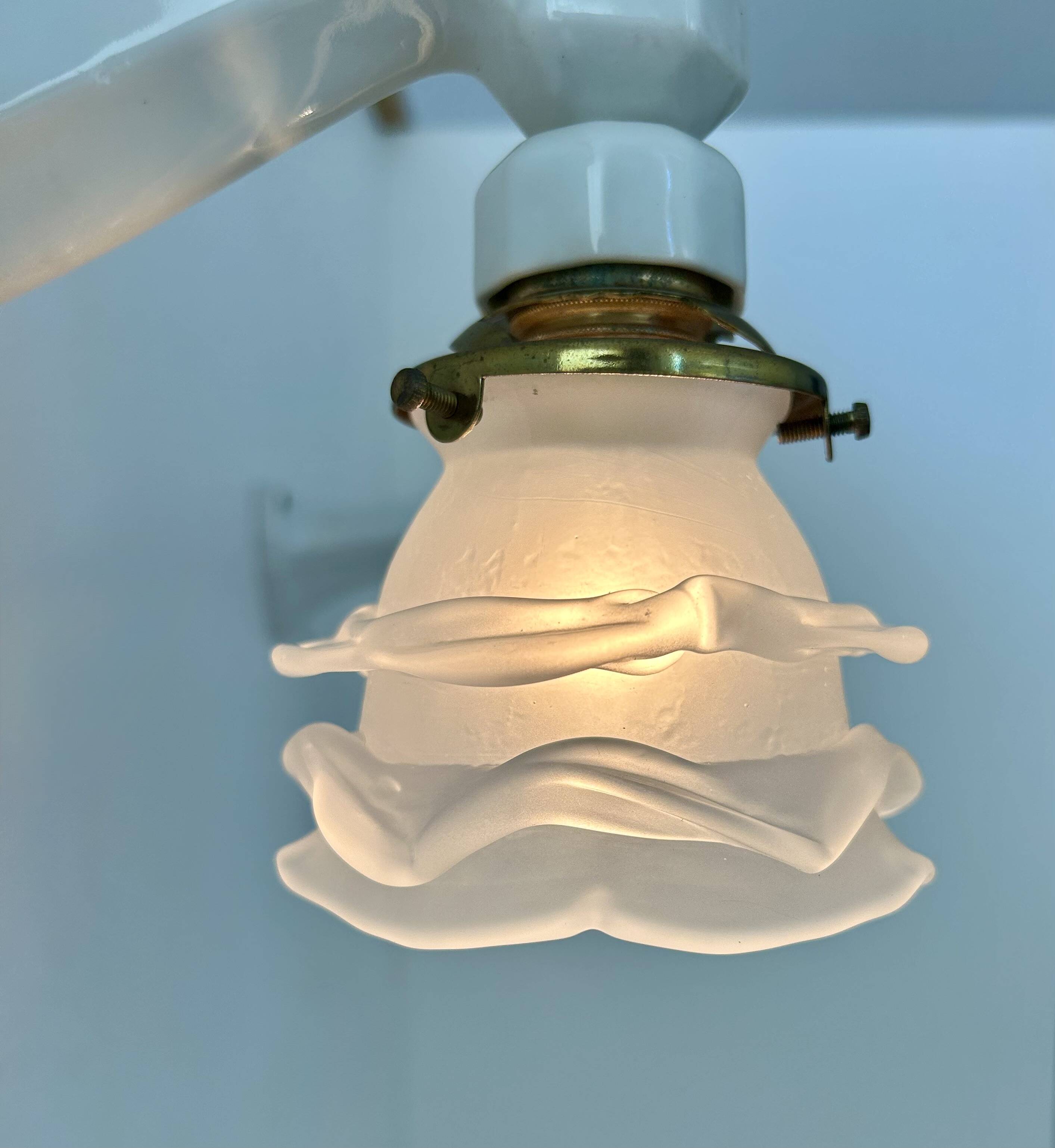 Pair of vintage art deco wall lights, porcelain and sandblasted glass, France 1930