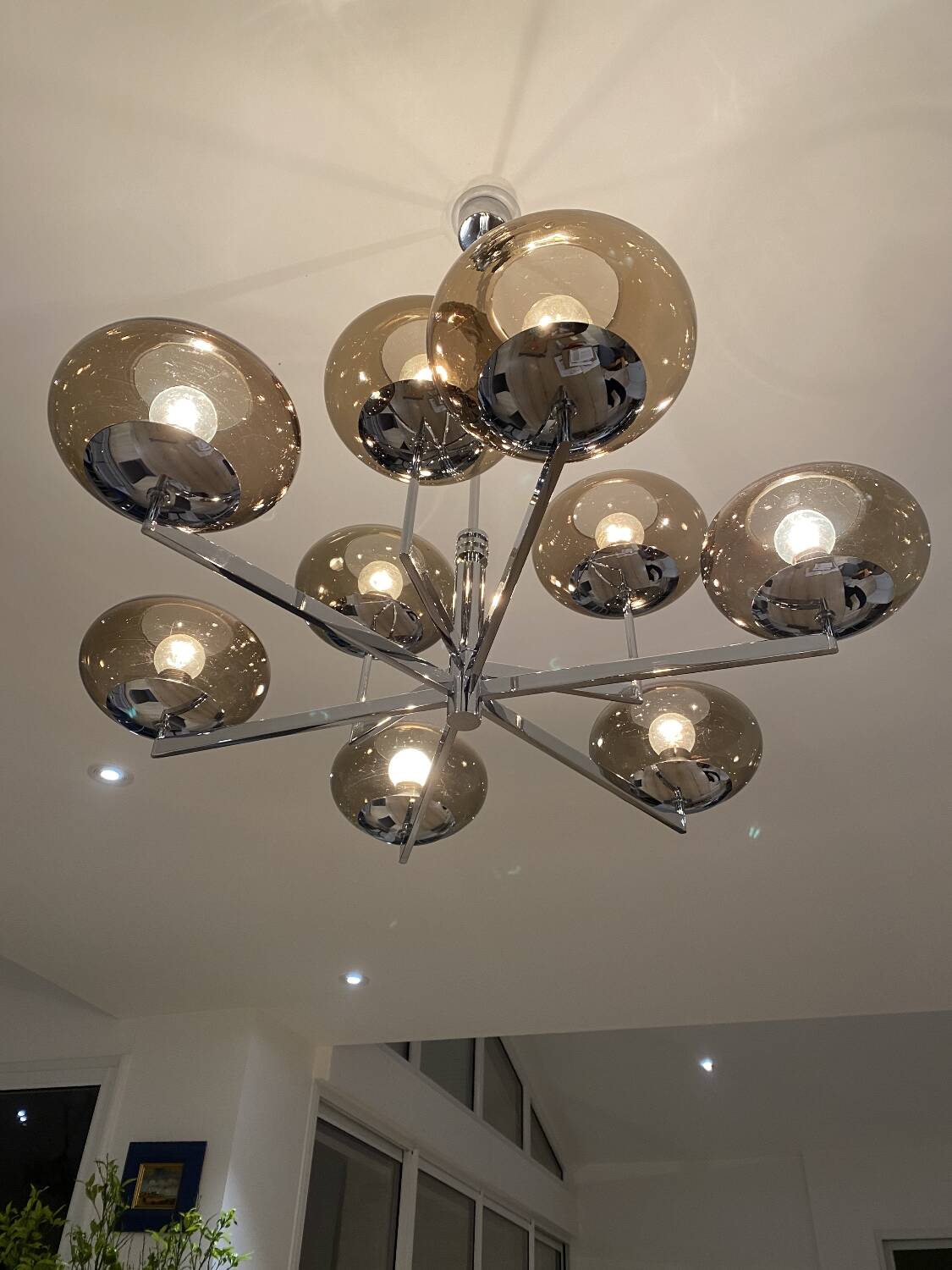 Very rare - Sciolari 9-light chrome and smoked glass chandelier - 1970s - Vintage