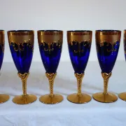 12 cobalt blue and gold Murano glass flutes, mid-20th century.