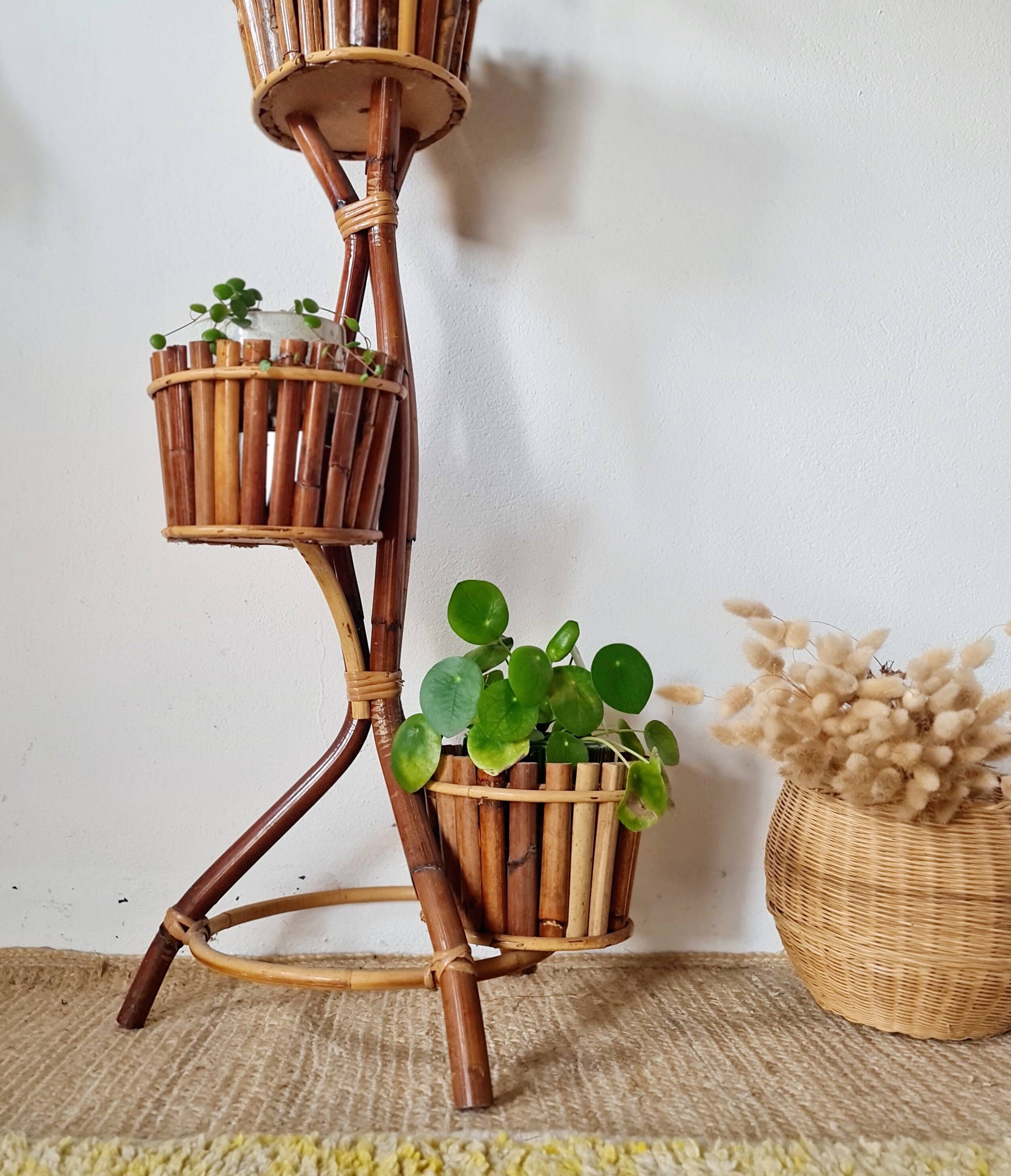 Vintage 3-tier plant stand in bamboo and rattan