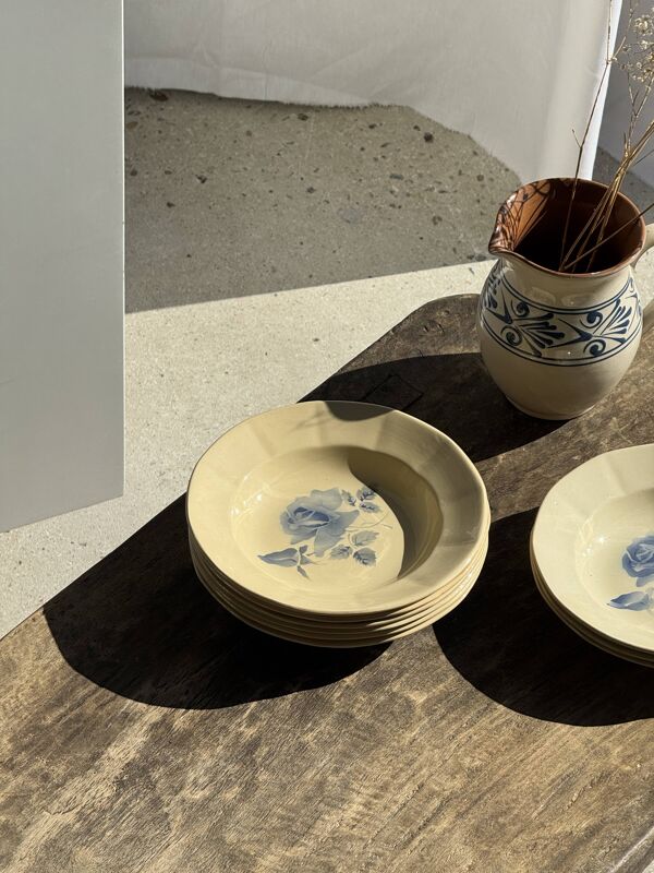 Lot de 12 assiettes creuses beige rose bleue Digoin Sarreguemines anciennes