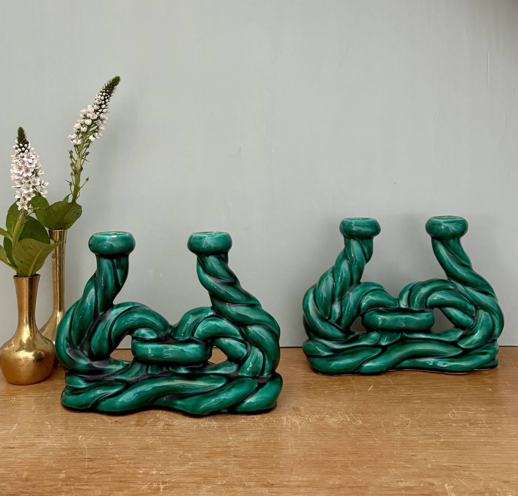 Pair of vintage green ceramic candlesticks signed Hubert Pernin, Vallauris.
