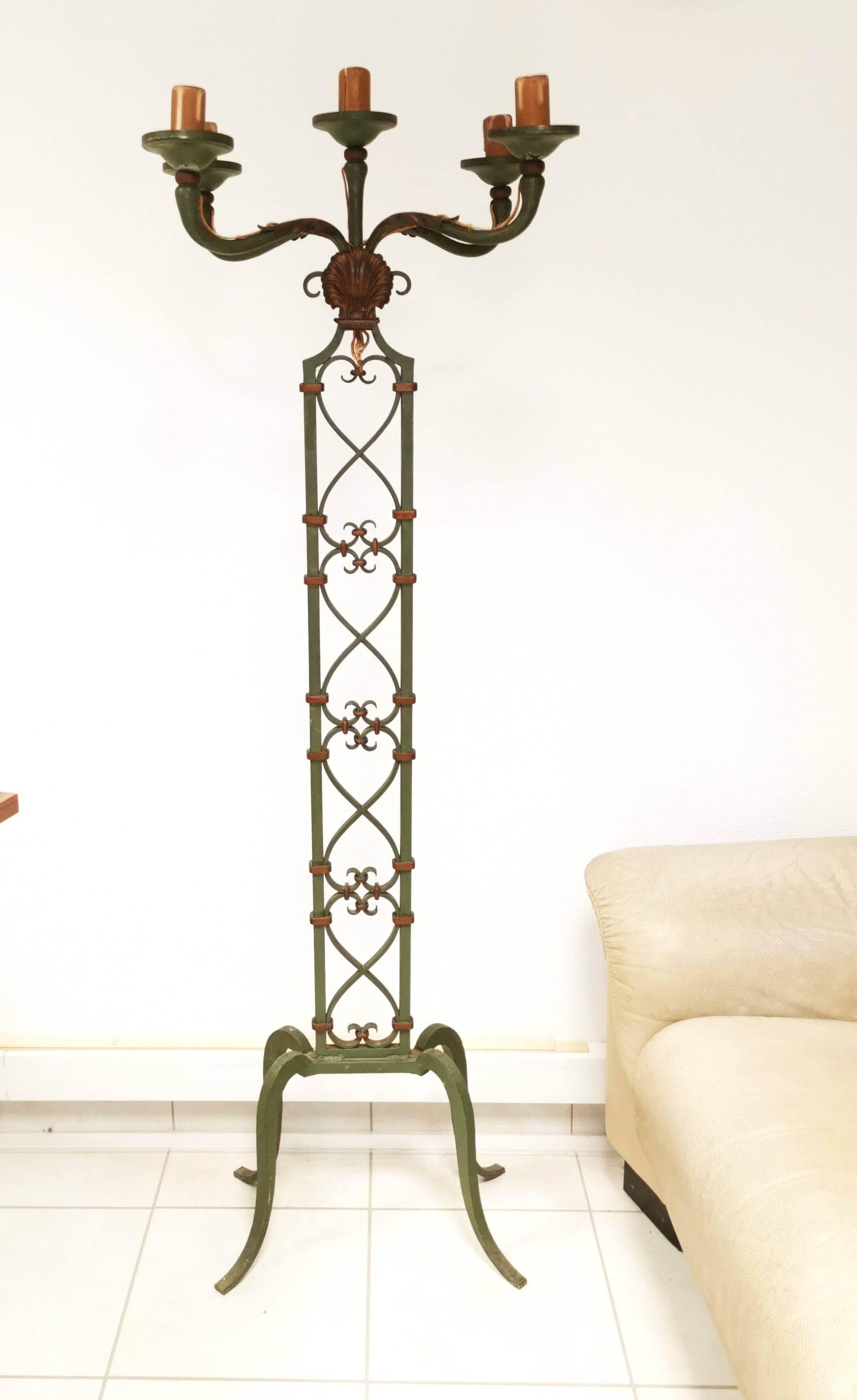 5-arm candle holder lamp on stand, vintage wrought iron floor lamp
