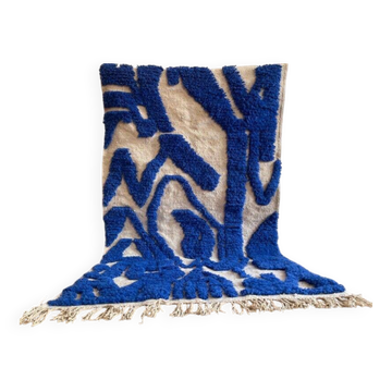 Tapis berbère beni ouraine artisanale bleu traditionnelle 140 x 260 cm