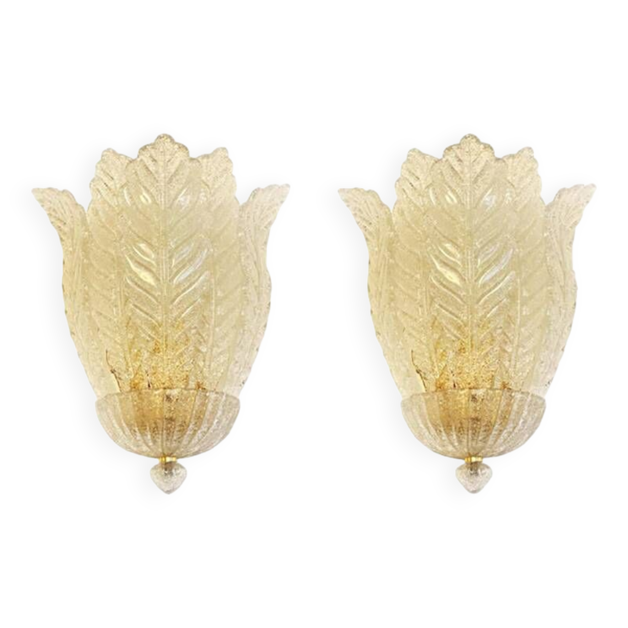 Set of Two Transparent Graniglia “Leaf” Murano Glass Wall Sconces