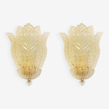 Set of Two Transparent Graniglia “Leaf” Murano Glass Wall Sconces